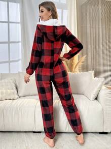 水牛格纹抽绳连帽拉链法兰绒舒适睡衣连体衣，蓬松柔软，圣诞节，冬季 - 彩色 - 查看 2