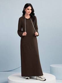 Mulvari Letter Patched Drawstring Hooded Sweatshirt Dress - Coffee Brown - View 6