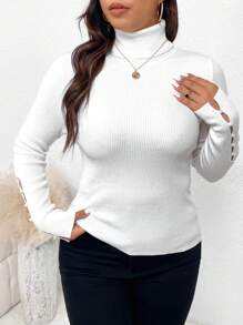 SHEIN Frenchy 大碼高領紐扣細節條紋針織套頭毛衣 - 白色 - 查看 4