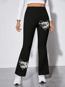 SHEIN PETITE Letter Graphic Flare Leg Pants - Black - View 1