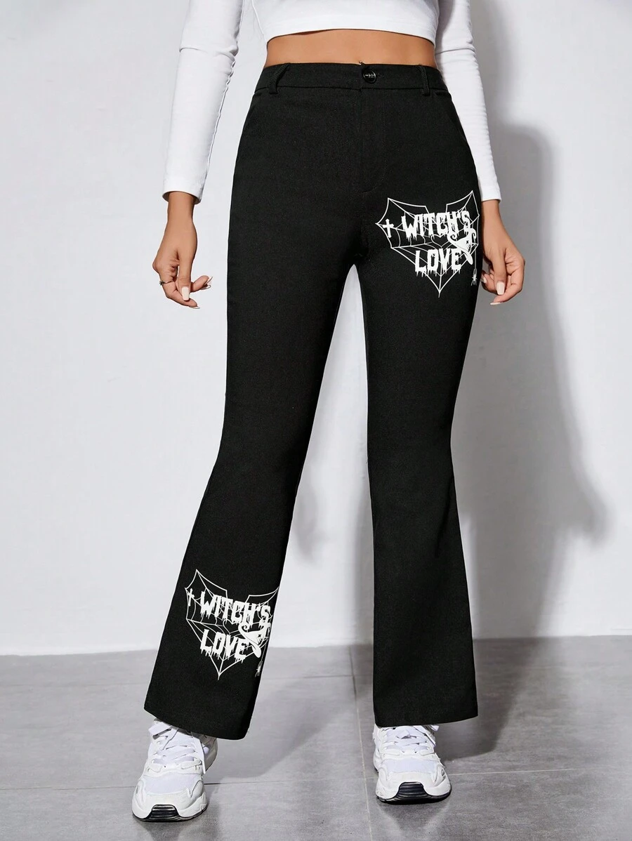SHEIN PETITE Letter Graphic Flare Leg Pants - Black - View 1