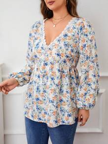 SHEIN Frenchy Talla grande Blusa peplum con estampado floral ribete con encaje de manga farol - Blanco - Ver 3