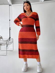 Flirla Hơn Khối màu Tách đùi Đầm Áo len - Nhiều màu - Xem 4