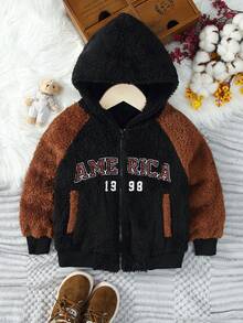 SHEIN 男小童字母刺繡插肩袖連帽毛絨夾克無毛衣 - 彩色 - 查看 5