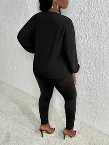 Slaydiva 標語圖案落肩袖運動衫&緊身打底褲 - 黑色 - 查看 2