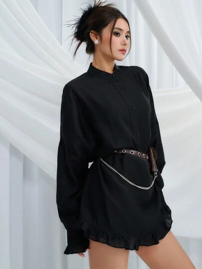 Solid Button Front Shirt Without Belt,Ruffle Long Sleeve Top