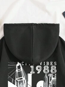 SHEIN EZwear 汽車和字母圖案抽繩加絨內裏連帽衫 - 黑色 - 查看 3