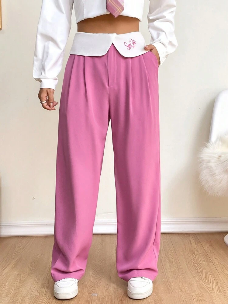Contrast Foldover Waist Wide Leg Suit Pants
