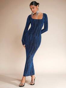 SHEIN BAE Square Neck Glitter Bodycon Dress - Blue - View 1