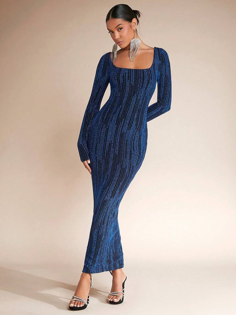 SHEIN BAE Square Neck Glitter Bodycon Dress - Blue - View 1