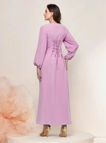 Al Najma Floral Embroidery Contrast Trim Lantern Sleeve Kaftan Dress - Pink - View 2