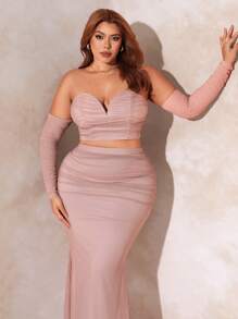 SHEIN SXY Plus Off Shoulder Ruched Mesh Top & Skirt - Dusty Pink - View 6