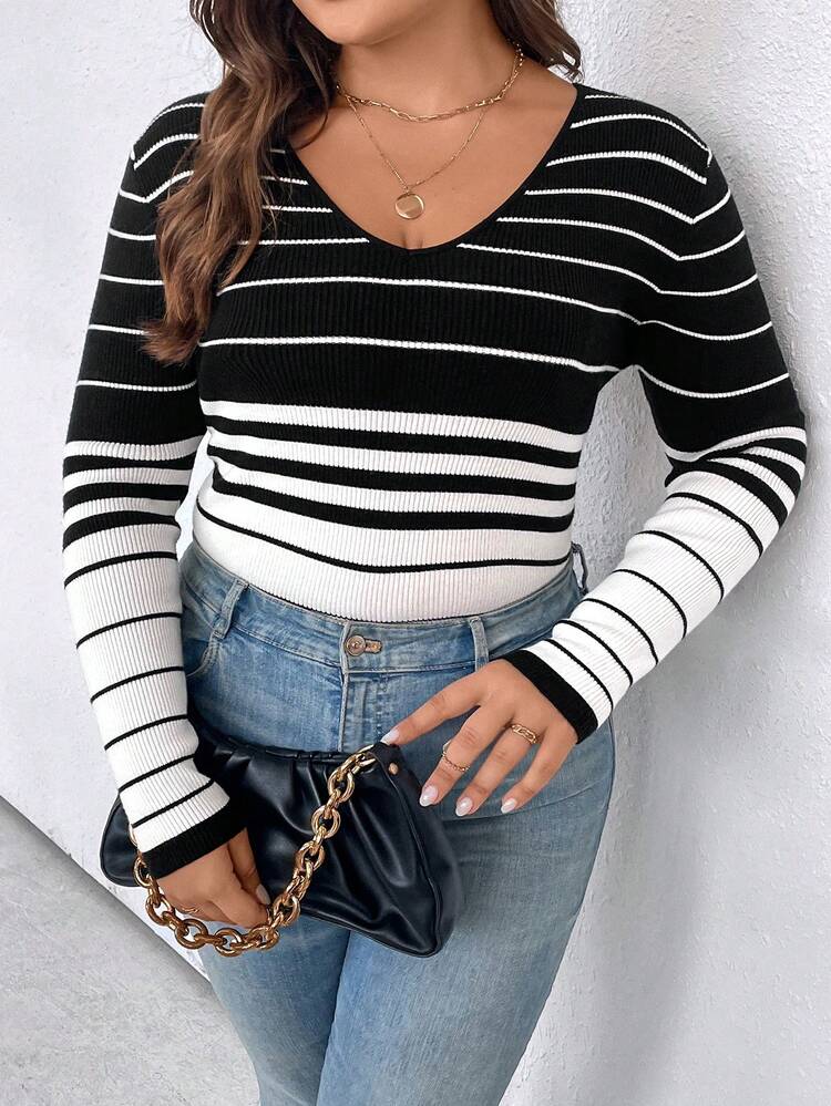 Plus Striped Pattern Sweater