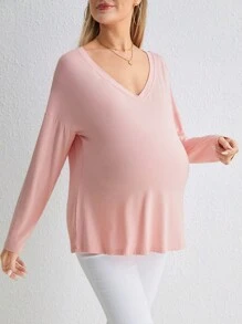 SHEIN Maternity V Neck Drop Shoulder Tee - Pink - View 4