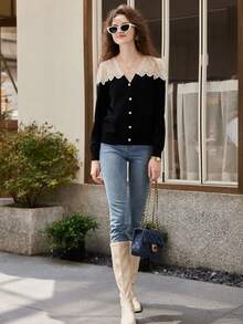 Contrast Lace Button Front Cardigan - Black - View 4