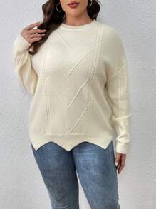 SHEIN LUNE 大碼麻花編織落肩袖套頭毛衣 - 米色 - 查看 5