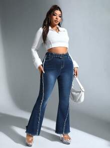 SHEIN ICON 大碼高腰毛邊緣牛仔喇叭褲 - 藍色 - 查看 3