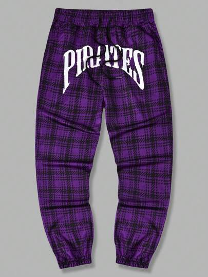 Academia Men Plaid Letter Graphic Drawstring Waist Sweatpants, School
