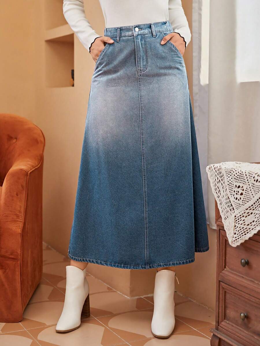 SHEIN Frenchy 漸層斜口袋牛仔半身裙 - 淺色水洗藍 - 查看 1