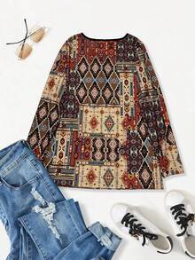 几何印花半扣T恤，休闲春季款 - 棕色 - 查看 6