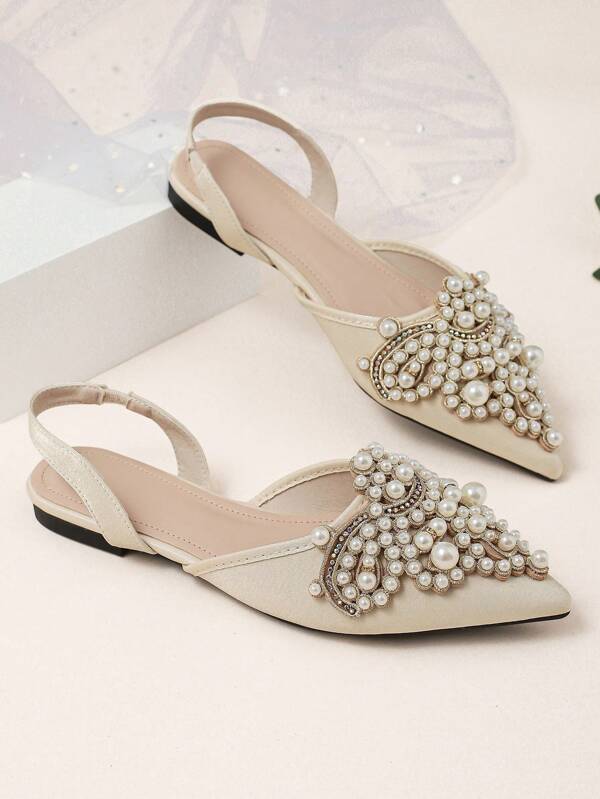 pointed toe faux pearl decor flats