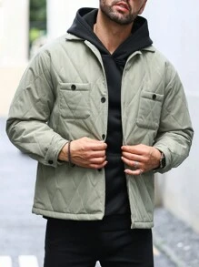 Manfinity Homme Men Flap Pocket Drop Shoulder Quilted Jacket - Army Green - View 5