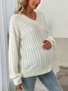 SHEIN Maternity Cable Knit Drop Shoulder Sweater, For Winter - White - View 5