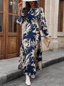 Breezaya 女式拼色灯笼袖 A 字形长裙度假海滩装 - 彩色 - 查看 3