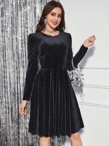 SHEIN Clasi Polka Dot Print Velvet Dress - Black - View 6