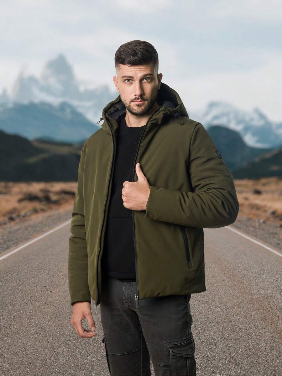 Men Zip Up Hooded Padded Coat - Army Green - View 1