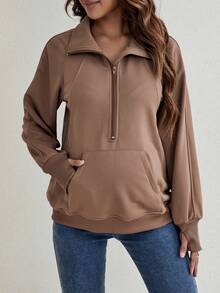 SHEIN 孕婦半拉鏈袋鼠口袋運動衫 - 棕色 - 查看 5