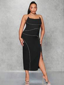 SHEIN BAE 大碼水鑽細節高衩吊帶洋裝 - 黑色 - 查看 5