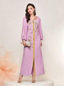 Al Najma Floral Embroidery Contrast Trim Lantern Sleeve Kaftan Dress - Pink - View 5