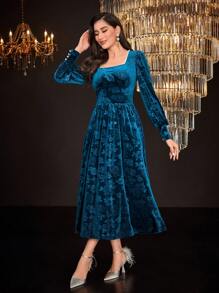 Modelyn Square Neck Lantern Sleeve Velvet Dress - Blue - View 3