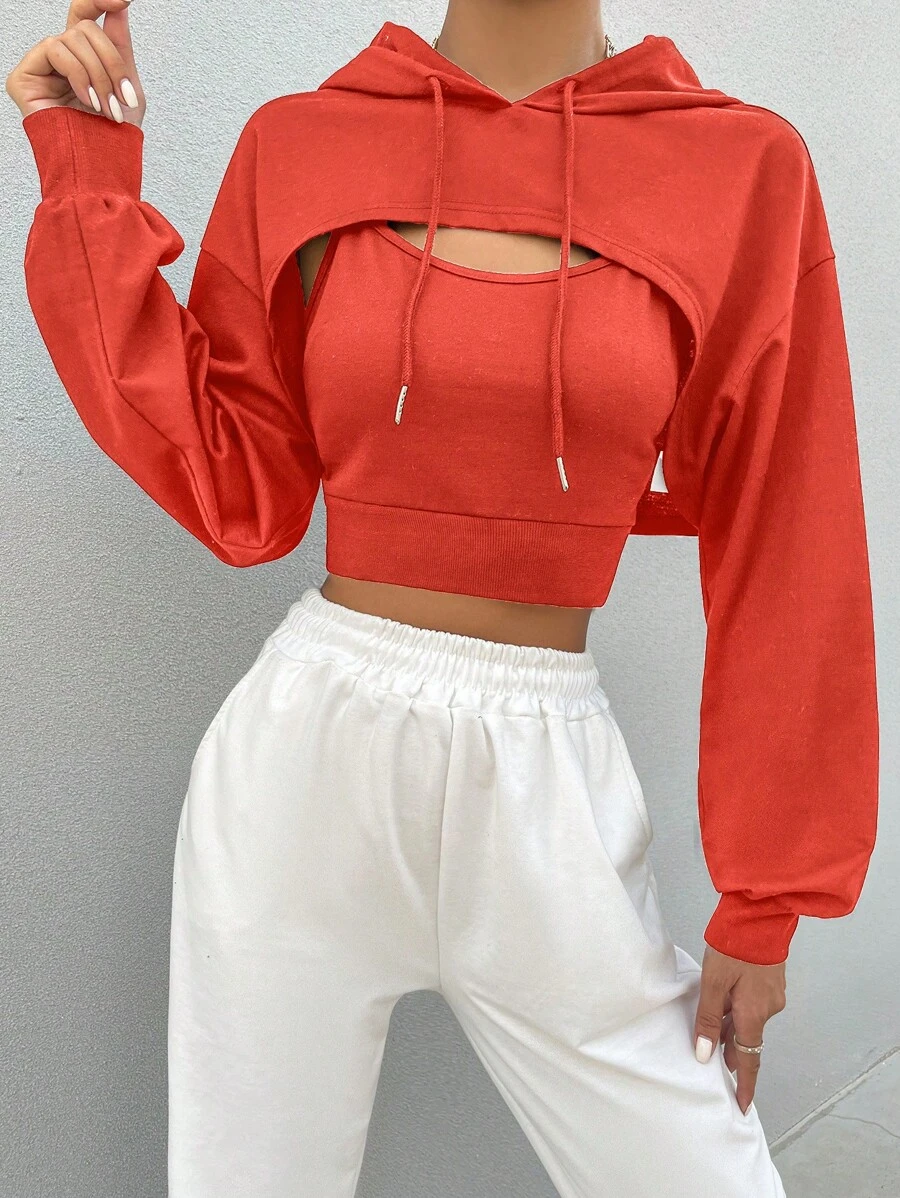 SHEIN Unity Thả vai Dây rút Vi mô Áo hoodie ngắn & Áo - Đỏ - Xem 1