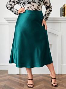 SHEIN Privé Hơn Cao eo Xa ten Váy - Màu xanh ngọc - Xem 1