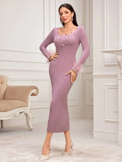 Modelyn Women's Solid Color Square Neck Long Sleeve Furry Cuff Fitted Elegant Sweater Dress