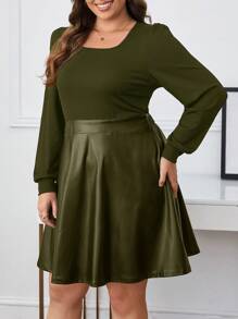 SHEIN Frenchy 大尺碼pu皮拼接連衣裙 - 軍綠色 - 查看 5