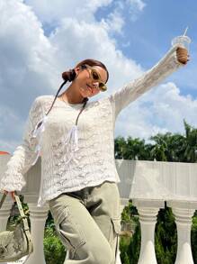 SHEIN Unity Solid Drop Shoulder Pointelle Knit Pullover Fall Winter Sweater - Apricot - View 5