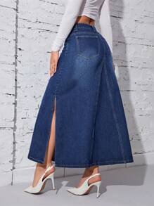 SHEIN Privé Tách đùi Váy Denim - Rửa tối - Xem 2