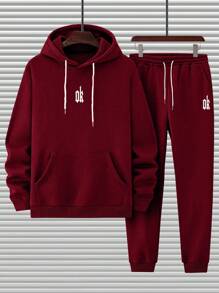 Manfinity Homme Nam Đồ họa Chữ cái Túi kangaroo Dây rút Áo Hoodie & Quần thể thao - Màu Đỏ Sâu - Xem 4