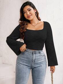 Flirla Plus Square Neck Trumpet Sleeve Tee - Black - View 1