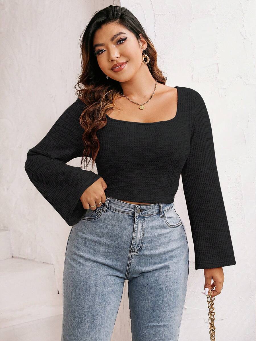 Flirla Plus Square Neck Trumpet Sleeve Tee - Black - View 1