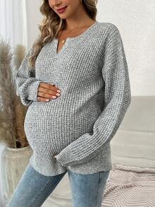 SHEIN Maternity Notched Neck Drop Shoulder Sweater - Light Grey - View 4