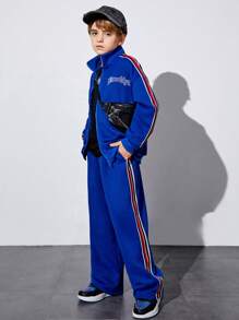 Cậu bé Tween Đồ họa Chữ cái Tương phản Đường may bên Áo khoác & Quần - Màu xanh lam - Xem 1