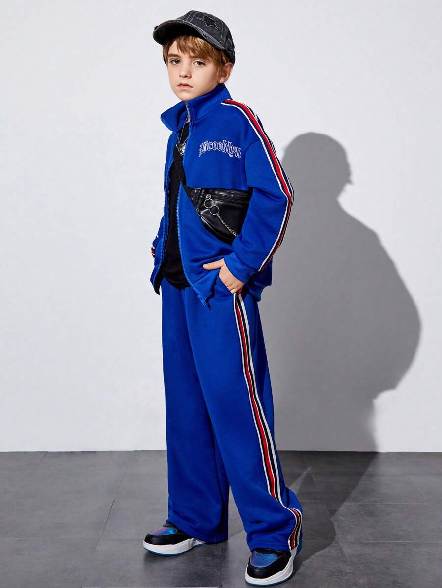 Cậu bé Tween Đồ họa Chữ cái Tương phản Đường may bên Áo khoác & Quần - Màu xanh lam - Xem 1