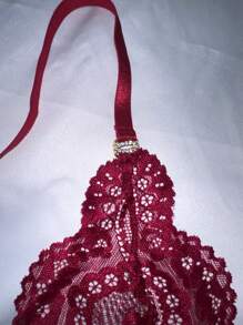 Spicy Aura Set Pakaian Dalam Seksi dengan Hiasan Renda & Pita - Burgundy - View 5
