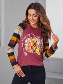 EMERY ROSE Halloween Pumpkin & Slogan Graphic Raglan Sleeve Tee - Burgundy - View 6