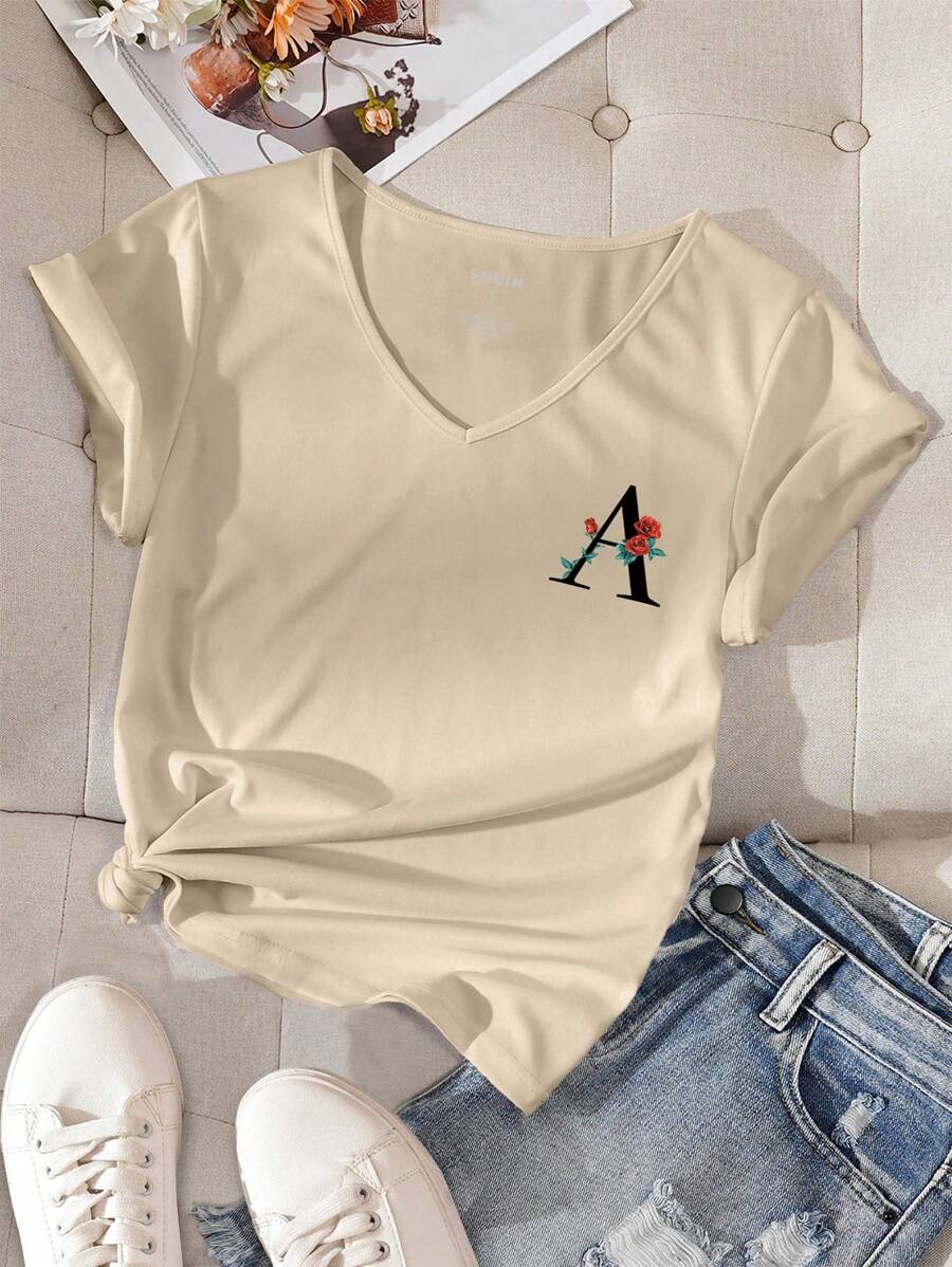 INAWLY 花卉和字母圖案T恤 - 杏色 - 查看 1