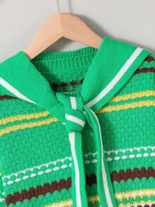 SHEIN Tween Girl Striped Pattern Sailor Collar Drop Shoulder Sweater - Green - View 4